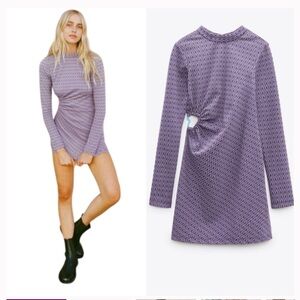 ZARA Jaquard Long Sleeve Cut-out Open Back Mini Dress Purple Retro Size XL